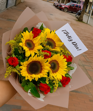 Bouquet variedad 4 girasoles y 6 rosas R08