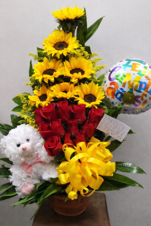 7 girasoles con 12 rosas peluche y globo R94